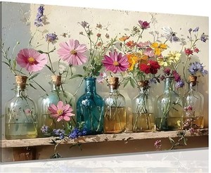 lot 12204 image: 1Pcs Framed Retro Farmhouse Flowers Canvas wall art Colorful wildflowers Posters Prints Colored glass bottles Artwork Pictures Printing Wall Decor for Living Room Bedroom Bathroom Home Decoration