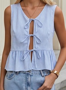 lot 12218 image: Avanova Women Striped Tie Front Peplum Tank Tops V Neck Sleeveless Ruffled Hem Blouses Blue Large