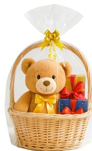 lot 12219 image: Volokitx 7-Pack 40x50 Inch Clear Cellophane Bags with 8 Colorful Pull Bows,Extra Large Cellophane Wrap for Gift Baskets, Baby Showers, Raffles, and Charity Auctions