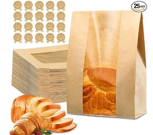 lot 12220 image: 25 Pcs Bread Bags for Homemade Bread, Sourdough Paper Bags With Window, 50% Thicker 13.7x8.2x3.7in A Large Bakery Bag Used for Storage Bakery Cookies & Snacks, 40 Cute Sealing Stickers with Ties