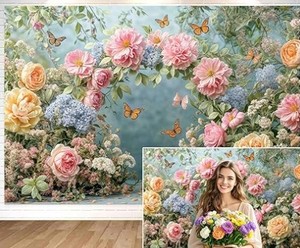 lot 12222 image: 10X8ft Spring Butterfly Floral Backdrop Colorful Flower Photography Background for Girls Princess Birthday Party Baby Shower Decor Table Cake Photo Backdrops Photo Booth Props