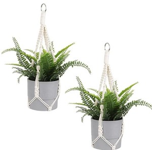 lot 12237 image: Macrame Plant Hanger, 2 Pack Boho Hanging Planters Baskets for Indoor Plants Decorative Braided Cotton Rope Flower Pot Holder with Metal Hook Rings for Outdoor Home Decor, No Tassels, Ivory, 20 Inchs