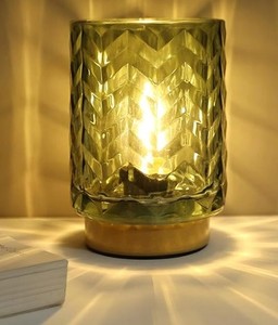 lot 12249 image: LUSHARBOR Battery Operated Table Lamp, Small Green Glass Lamp Bedside Decor Ambient, Cordless Table Lamp for Bookshelf Desk Living Room Entryway Dorm Wave Design-Green