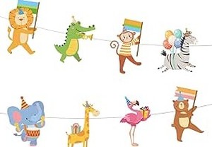 lot 12258 image: Animal Parade Party Banner, Pre-Strung Animal Birthday Garland Wall Hanging Decoration for Baby Shower Carnival & Jungle Theme Zoo Carnival Parties