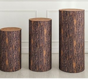 lot 12273 image: uxcell Set of 3 Wooden Texture Cylinder Spandex Stand Covers, Plinth Stand Cover for Party Wedding Birthday Decoration, Only Contains Cylinder Covers (Elastic Fabric - Small)