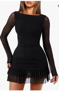 lot 18402 image: OZICERD Women Boat Neck Bodycon Mini Dresses Long Sleeve Going Out Dress Ruffle Mesh Short Elegant Club Cocktail Party Dress Black M