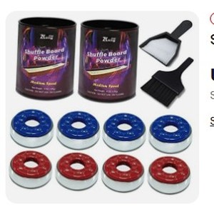 lot 19725 image: Shuffleboard Pucks and Sand Set - 2 18 Table Pucks with 2 Cans Wax, Mini Brush and Dustpan (MISSING 1 PUCK)