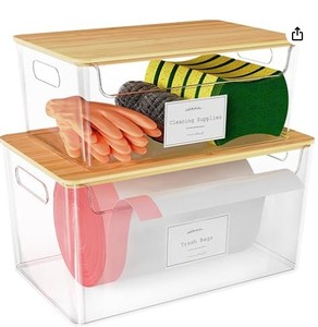 lot 19735 image: COAZEX 2 Pack Trash Bag Holder Under Sink Stackable, Plastic Garbage Dispenser with Lid, Trash Bag Storage Dispenser Roll Holder for Kitchen, Pantry, Laundry Room Organization