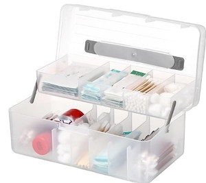 lot 19742 image: JUXYES 2-Tiers Bandages Carry Storage Box With Handle Lid - Transparent Portable Bandages Storage Bin With Lifting Divided Tray - Plastic Storage Container for School, Office, Travel Use Supplies