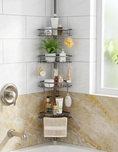 lot 19745 image: DUFU Corner Shower Caddy Tension Pole, Tension Rod Organizer, 4-Tier Adjustable Floor to Ceiling Shower Caddy 33-127inch, No Drilling Shower Shelf for Inside Shower (Gray)