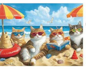 lot 19749 image: 500 Piece Jigsaw Puzzle for Adults, Summer Beach Cats Puzzle, Funny Animal Beach Puzzle, Home Decor Birthday Party Gift for Men Women Elders, 20.5 x 15 in
