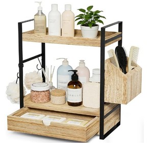 lot 19751 image: Kottwca 2-Tier Bathroom Counter Organizer with Drawer, Basket & Hooks, Wooden Vanity Shelf for Skincare, Perfume & Makeup Storage(Light Brown)