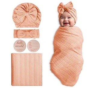 lot 19754 image: Golener Muslin Swaddle Blankets - Sleepea Swaddle with Bow Headbands, Hats Set and Newborn Name Announcement Card, Stretchy Baby Blankets for Girls&Boys Unisex, Perfect for Newborn Photos (Peach)