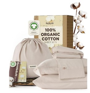lot 19761 image: Bedsure 100% GOTS Certified Organic Cotton Sheets, Queen Sheet Set, 17 Deep Pocket Bedsheets with Corner Straps, Eco-Friendly, Soft, Breathable & Luxury PureWoven Cotton Hotel Bedding, 4PCS, Linen