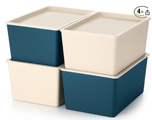 lot 19762 image: Menkxi 4 Pcs Storage Bins with Lids Plastic Stackable Containers for Organizing Shelves Christmas Ornament Box Baskets(Beige, Blue,Small)