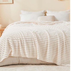 lot 19768 image: BEDELITE King Size Blanket for Bed, 300GSM Soft & Warm Fleece Blanket, Decorative and Giftable Striped Cream White Blankets for Women, Men, 108x90