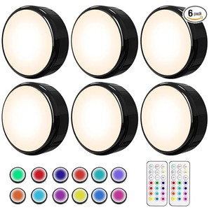 lot 19769 image: HELPLEX LED Puck Lights with Remote, 6 Pack Color Changing RGBW, Battery Powered, Dimmable Under Cabinet Lighting with Timer & Memory, Wireless Stick-On Lights, Black