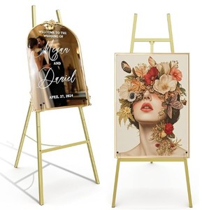 lot 19771 image: Gold Easel Stand for Sign, Heavy Duty Metal Display Easel with Adjustable Chain, Art Easel for Painting, Wedding Sign, Posters & Commercial Display