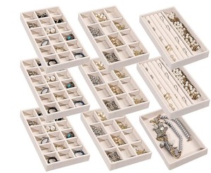 lot 19776 image: Jewelry Trays Organizer for Drawer, 9 Set of Small Jewelry Display Case Storage Velvet Stackable Drawer Inserts Organizer for Necklaces Bracelets Earrings Rings (Beige)