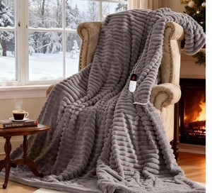 lot 19787 image: AEPINBH Heated Electric Blanket Throw 6-Level Fast Heating, 4-Hour Auto-Off, Soft&Warm Stripe Faux Rabbit Fur, for Couch Home Office, with Overheating Protection & ETL Certified(50 x 60,Gray)