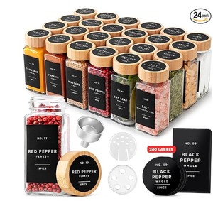 lot 19794 image: EDELHAUS� Square Spice Jars with Bamboo Wooden Lid (Pack of 24) Spice Jars with Shaker Insert and 240 Labels - Bamboo Lid Glass Container for Spice Organisation 4.3 in � 1.8 in