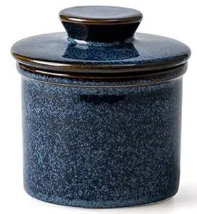 lot 19798 image: XELA Ceramic Butter Crock, The Original Reactive Glaze, Butter Dish With Water Line for Spreadable Fresh Butter - Kiln Turns Blue