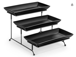 lot 19804 image: MALACASA 3 Tier Serving Tray, Porcelain Tiered Serving Trays Platters, 12 Inch Serving Stand with Platters,Black Dessert Stand with Collapsible Sturdier Metal Rack,Series PLAT