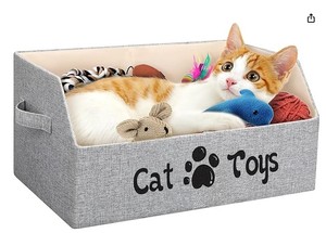 lot 20116 image: LOVSTORAGE 2X Thicker Large Cat Toy Bin Collapsible Cat Toy Box Sturdy Cat Toy Basket Kitten Toy Storage Bed for Organizing Cat Toys Treats Clothes and Accessories (Grey)