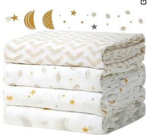 lot 20120 image: Momcozy Muslin Swaddle Blankets, 4-Pack Breathable and Skin-Friendly Receiving Blankets, Best Wishes Swaddle Blanket Shower Gifts & Baby Registry Essentials, Large 47x47, Stellar Orbit