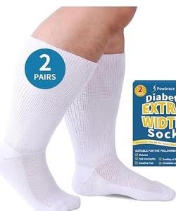 lot 20127 image: Powbrace 2 Pairs Wide Diabetic Socks for Men Women Plus Size, Lymphedema, Swollen Feet, Edema, Loose Fit, Non-Binding, Bariatric, Hospital Cast - White