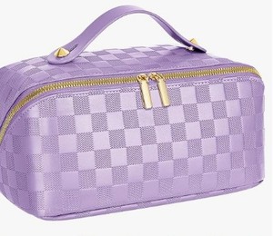 lot 20131 image: ALEXTINA Travel Makeup Bag, Vegan Leather Large Capacity Cosmetic Bags for Women,Waterproof Portable Pouch Open Flat Toiletry Bag Makeup Bag Organizer with Fixed Divider, Purple