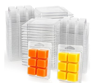lot 20164 image: Jucoan 100 Pack Plastic Wax Melt Clamshell Mold, 6 Cavity Square Clear Wax Melt Molds Containers for DIY Wax Melt Candle Soap Craft Wedding Party Favor