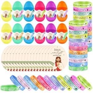 lot 1854 image: Tondiamo 24 Sets Religious Easter Eggs Filled with Luminous Wristbands Jesus Cards for Easter Basket Stuffers Bulk Christian Party Favors Bible Verse Bracelets Gifts Bag Fillers(Classic Colors)