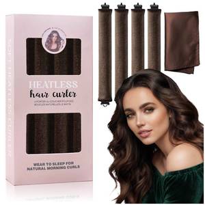 lot 2408 image: Heatless Hair Curlers Overnight Set, Foam Flexi Rods with Satin Scarf, Comfortable Sleeping Curlers for Natural Waves, No-Heat Styling Tool for Long & Medium Hair, Brown