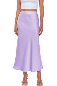 lot 2412 image: SITELUOYG Womens Silk Satin Maxi Skirt High Waist Elastic A Line Fishtail Elegant Work Elastic Long Skirts Light Purple S