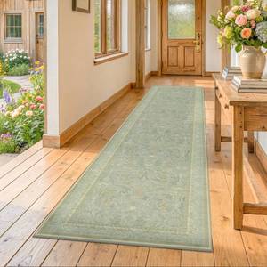 lot 3506 image: Cottagecore 2x10 Long Runner Rugs for Hallways, Low Pile & Soft Forest Green Rug for Entry Door Mat, Floral Pattern Carpet with Non Slip Stain Resistant