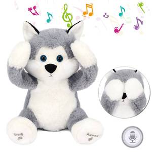 lot 3521 image: Hopearl Peek A Boo Husky Interactive Repeats What You Say Plush Dog Toy Musical Singing Talking Stuffed Animal Adorable Electric Animate Birthday Festival, Gray, 11.5