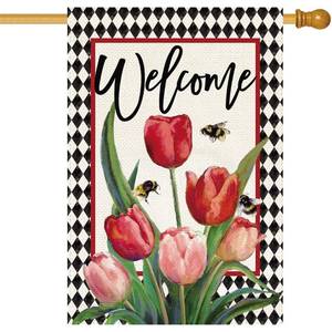 lot 4158 image: Baccessor Spring Easter Tulip Welcome House Flag 28 x 40 Inch Double Sided Burlap Spring Flowers Floral Buffalo Plaid Large Yard Flag Summer Holiday Seasonal Outdoor Outside Decoration