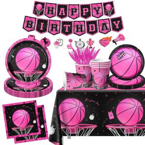 lot 4166 image: Basketball Party Decorations, 142Pcs Pink Basketball Birthday Party Decorations Tableware Include Plates and Napkins,Cups,Banner,Tablecloth for Girls Boys Sports Theme Birthday Party Supplies