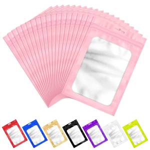 lot 4241 image: 100 PCS Pink Resealable Mylar Bags with Zip and Frosted Clear Window Smell Proof Packaging Bags Foil Pouch Zip Bag for Food Self Sealing Storage Supplies 2.75�3.93