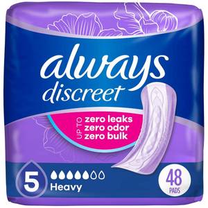 lot 5509 image: Always Discreet Adult Incontinence Pads for Women, Drier, 5 Drop Regular Length, Heavy Absorbency, Pads for Bladder Control Management, Bladder Leaks, & Postpartum Pads, 144ct