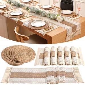 lot 5517 image: Gandeer Boho Placemats 468 Set of Round Woven Placemat Macrame Style Bicolor Stitching Long Table Runner Farmhouse Rustic Natural Burlap Cotton for Kitchen Dining Table(6 Sets,Brown,12x72)