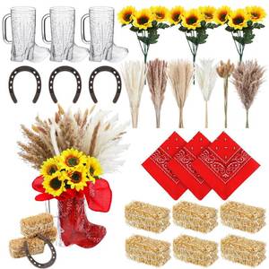 lot 5528 image: Sliner 78 Pcs Western Cowboy Table Centerpieces Party Decorations with Cowboy Boot Vases Pampas Grass Artificial Sunflowers Horseshoe Mini Hay Bales Bandannas for Western Party Birthday Wedding Decor