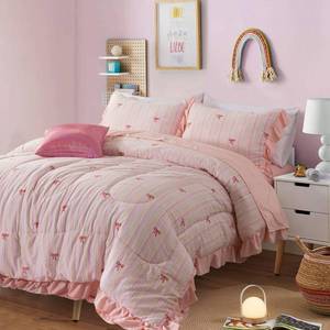 lot 5529 image: A Nice Night Rainbow Stripes & Bows Bedding Set,Ruffle 6 Piece Bed in a Bag Matching Sheet Set,Princess Style Chic Bow Printed,Light Pink Room Decor for Girls,Twin