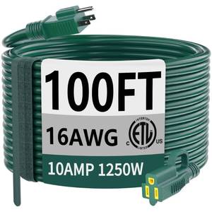 lot 6068 image: HUANCHAIN Indoor Outdoor Green Extension Cord 100 ft Waterproof, 163 Gauge Flexible Cold-Resistant Appliance Extension Cord Outside, 10A 1250W 16AWG SJTW, 3 Prong Electric Cable, ETL