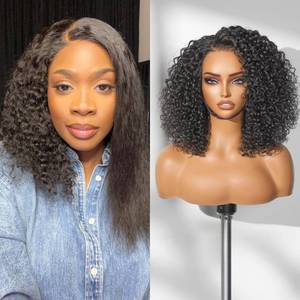 lot 6096 image: LUVME HAIR 100% Human Hair Wigs Curly Deep Wave Glueless Lace Front 12 Inches Pre Cut Plucked Hd Lace Short Wig Ready To Go Highlight Color Straight Bleached Knots Side Part Black Wigs