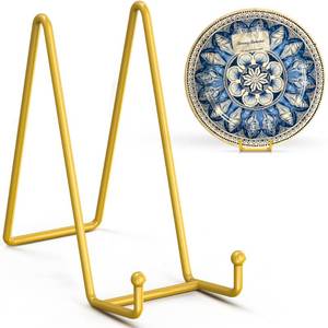 lot 6117 image: TR-LIFE 8 Inch Large Plate Stands for Display - Metal Plate Holder Display Stand  Frame Holder Stand for Picture, Decorative Plate, Platter, Plaques, Book, Photo Easel Tabletop (Gold 2 Pack)