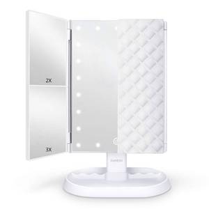lot 6122 image: deweisn Trifold Lighted Vanity Makeup Mirror with 21 LEDs Lights,1x2x3x Magnification and Touch Screen Dimming,Two Power Supplies Makeup Mirror, Gift for Women