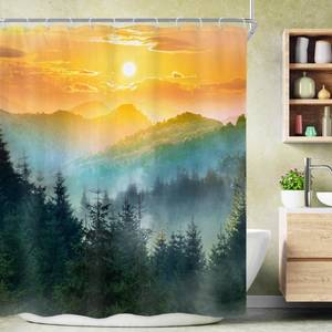 lot 6157 image: Riyidecor Mountain Rainforest Shower Curtain 60Wx72H Inch Green Misty Woodland Pine Tree Sunrise Sunset Scenery Landscape Foogy Greenery Rustic Bathroom Decor Fabric Polyester Waterproof 12 Pack Hooks