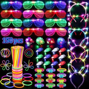 lot 6470 image: 150PCS Glow in the Dark Party Supplies for Kids Adults, Light Up Party Favors with Light Up Glasses, Headband, Rings, 100 Glow Sticks Bulk Party Pack DIY Glow Necklaces Bracelets, Neon Party Supplies